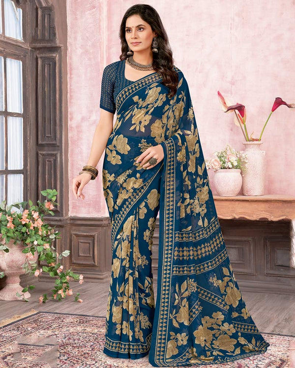 Vishal Prints Prussian Blue Printed Georgette Saree