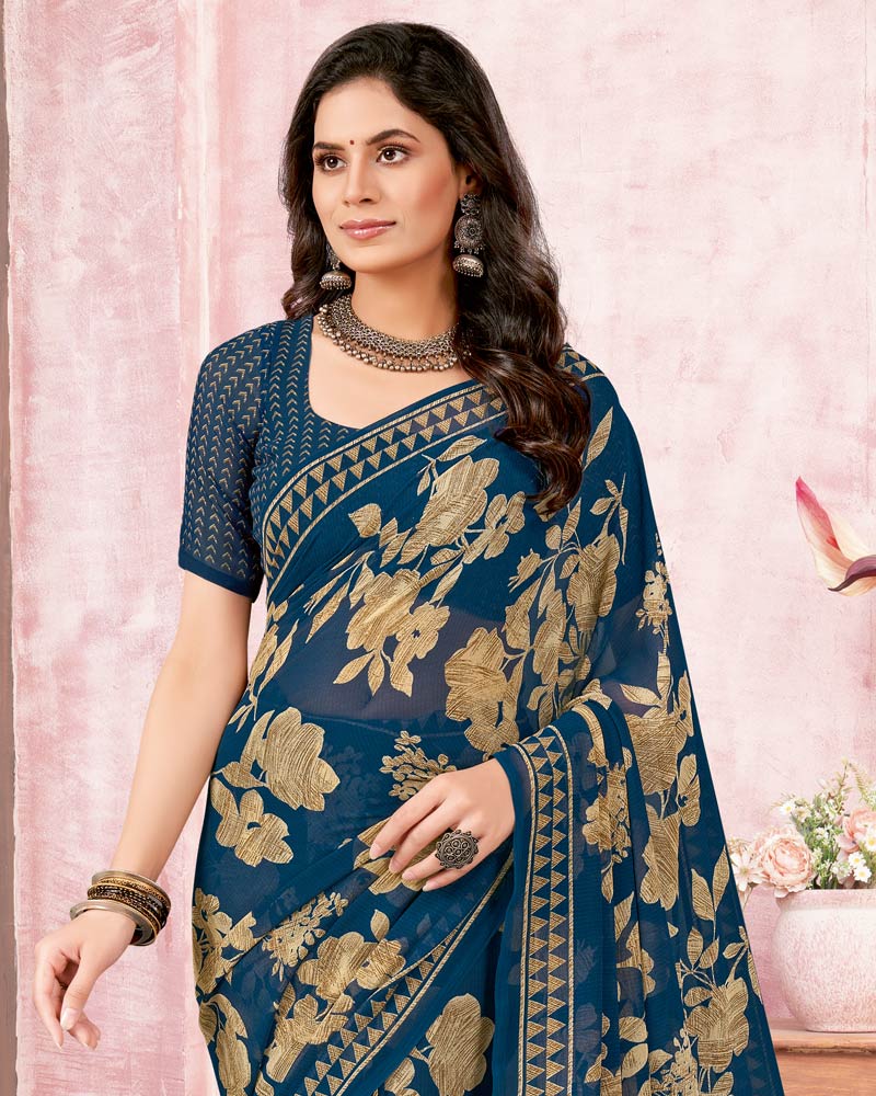 Vishal Prints Prussian Blue Printed Georgette Saree