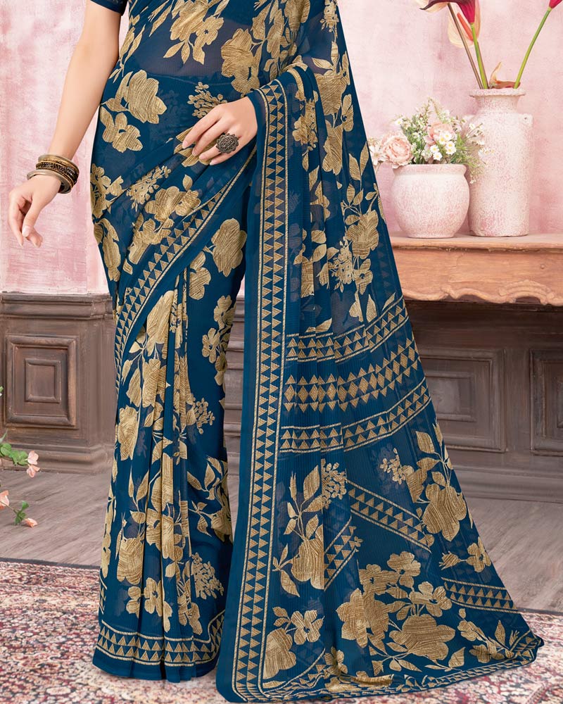 Vishal Prints Prussian Blue Printed Georgette Saree