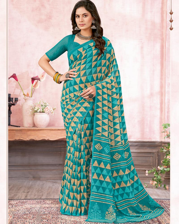 Vishal Prints Ocean Blue Printed Georgette Saree
