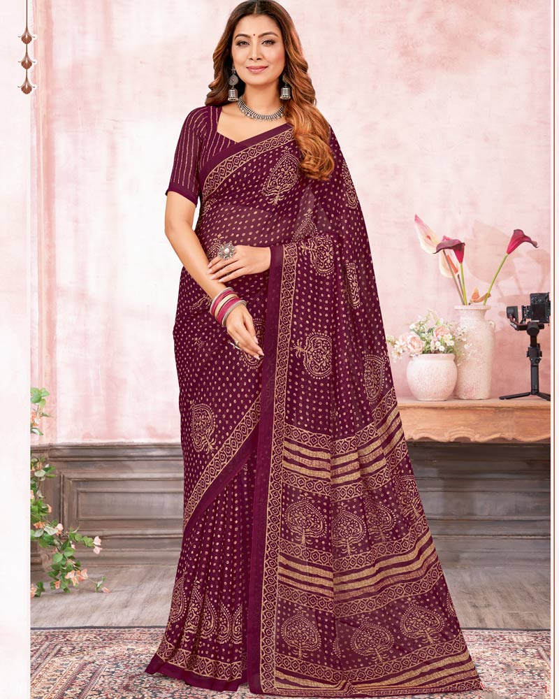 Vishal Prints Wine Berry Printed Georgette Saree