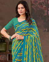 Vishal Prints Ocean Blue And Teal Green Printed Georgette Saree