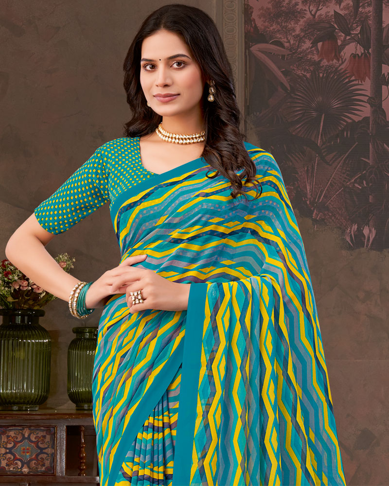 Vishal Prints Ocean Blue And Teal Green Printed Georgette Saree