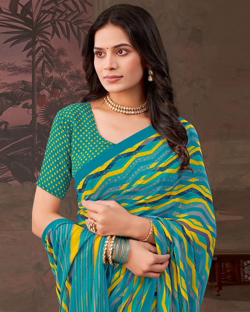 Vishal Prints Ocean Blue And Teal Green Printed Georgette Saree