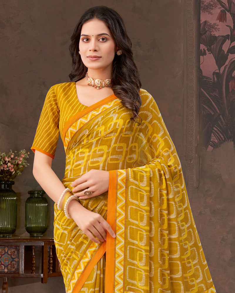 Vishal Prints Yellow Ochre Printed Georgette Saree