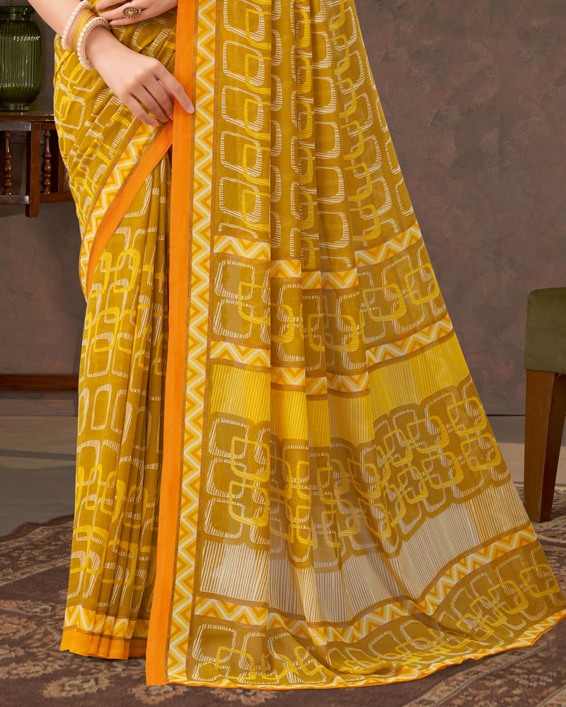 Vishal Prints Yellow Ochre Printed Georgette Saree