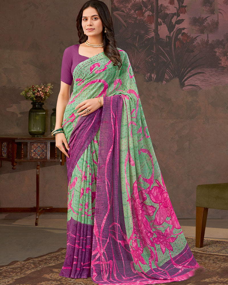 Vishal Prints Olivine Green And Dark Mauve Printed Georgette Saree