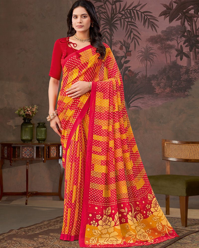 Vishal Prints Chili Red And Dark Orange Printed Georgette Saree