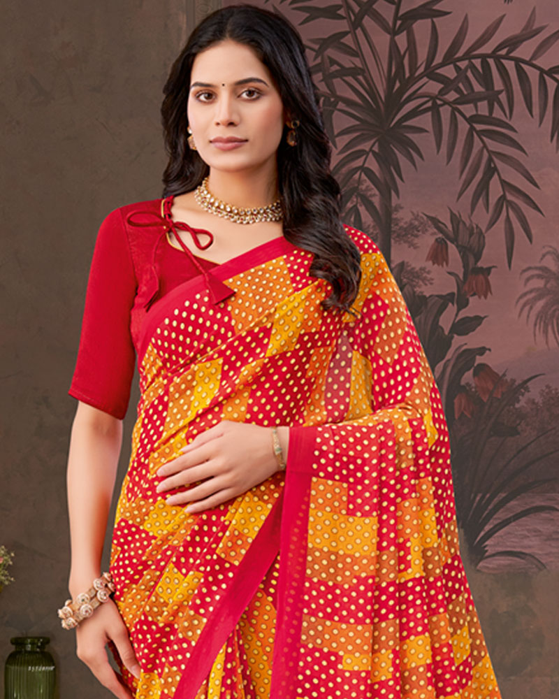 Vishal Prints Chili Red And Dark Orange Printed Georgette Saree