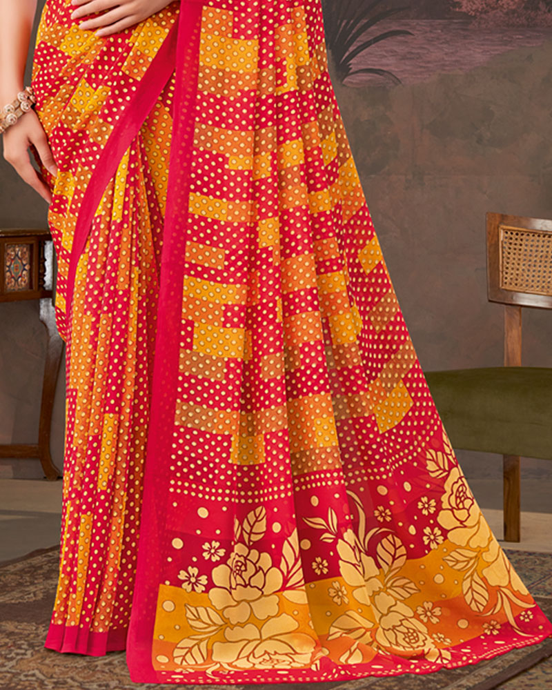 Vishal Prints Chili Red And Dark Orange Printed Georgette Saree