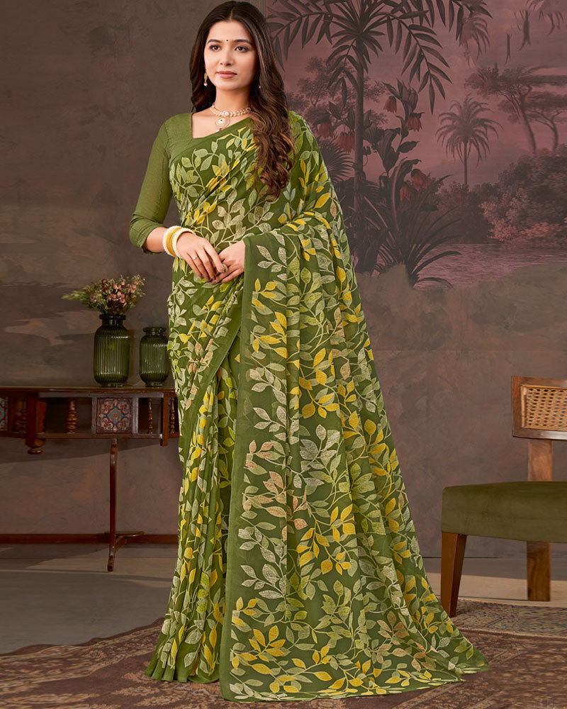 Vishal Prints Camo Green Printed Georgette Saree