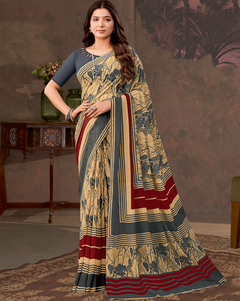 Vishal Prints Sandy Brown And Davy Grey Printed Georgette Saree