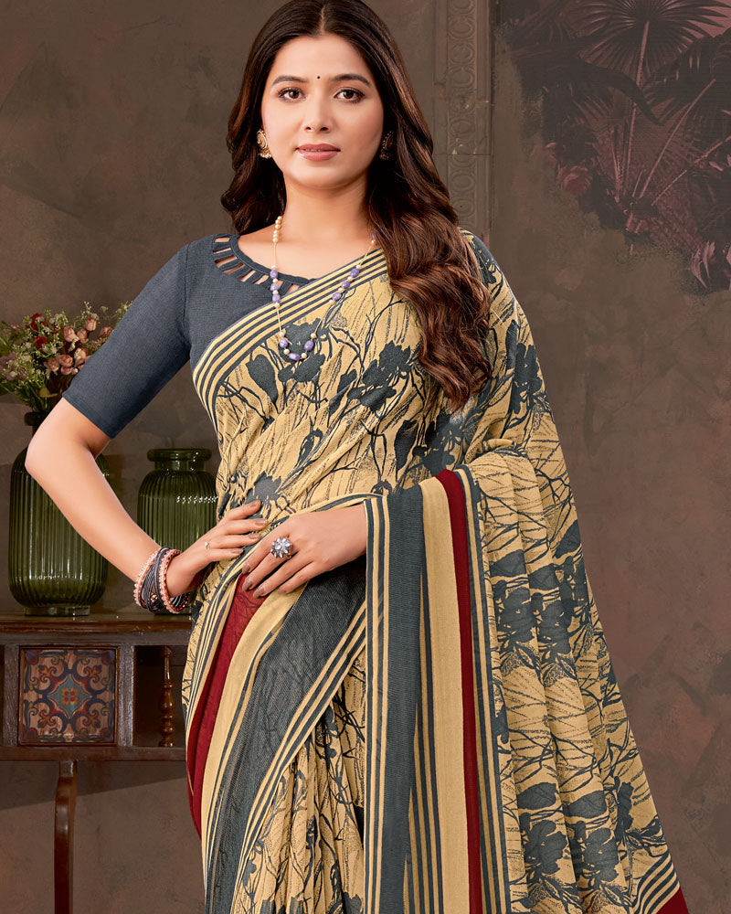 Vishal Prints Sandy Brown And Davy Grey Printed Georgette Saree