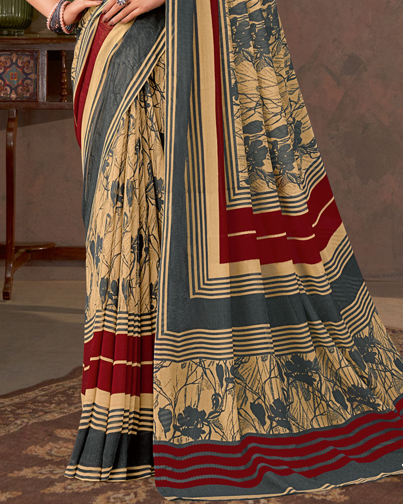 Vishal Prints Sandy Brown And Davy Grey Printed Georgette Saree