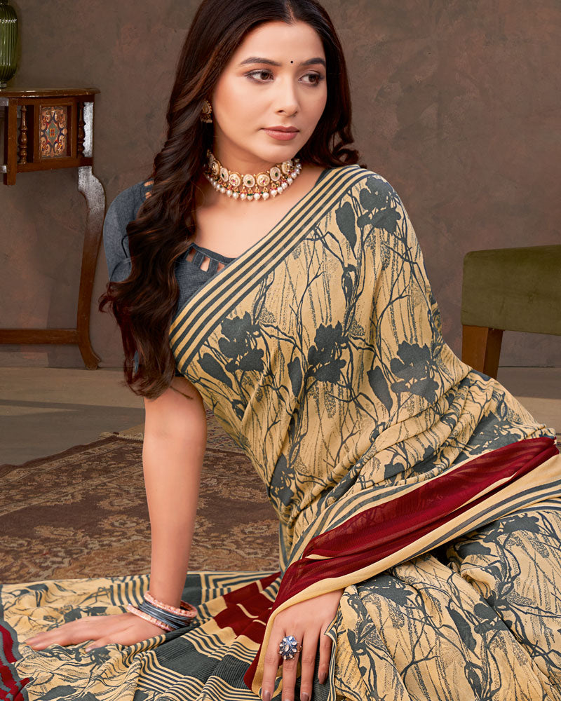 Vishal Prints Sandy Brown And Davy Grey Printed Georgette Saree
