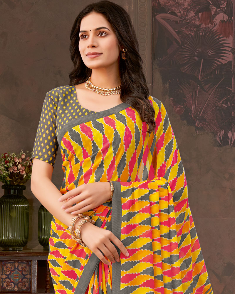 Vishal Prints Dark Orange And Raspberry Pink Printed Georgette Saree