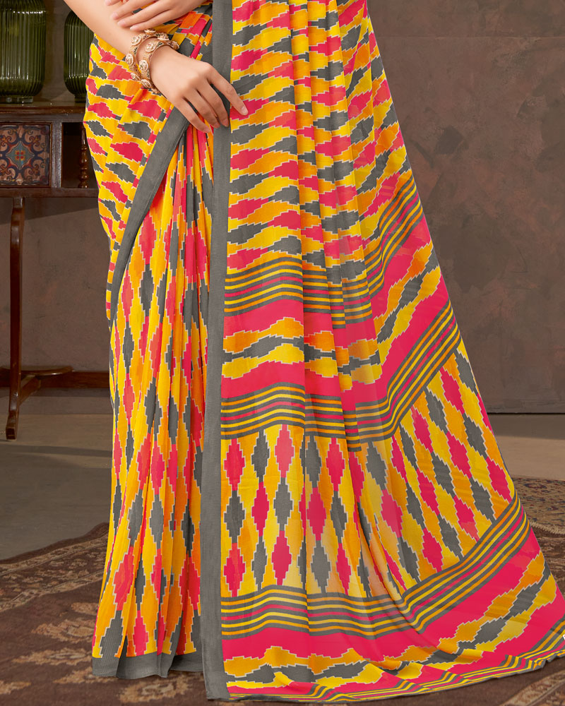 Vishal Prints Dark Orange And Raspberry Pink Printed Georgette Saree