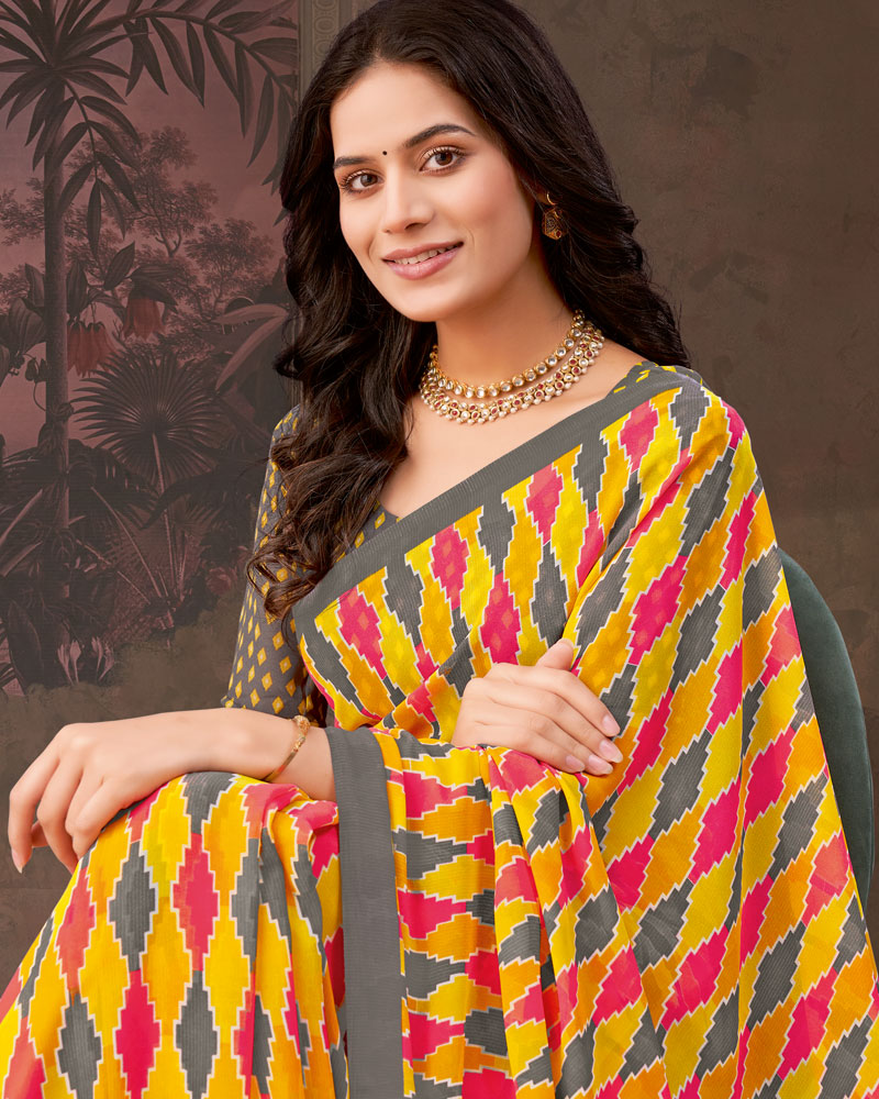 Vishal Prints Dark Orange And Raspberry Pink Printed Georgette Saree