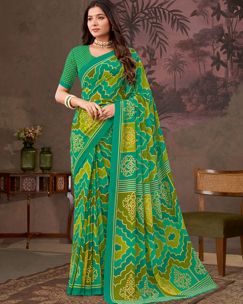 Vishal Prints Pine And Olive Green Printed Georgette Saree