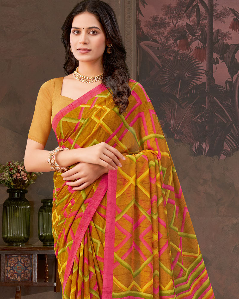 Vishal Prints Brownish Orange And Mandy Pink Printed Georgette Saree