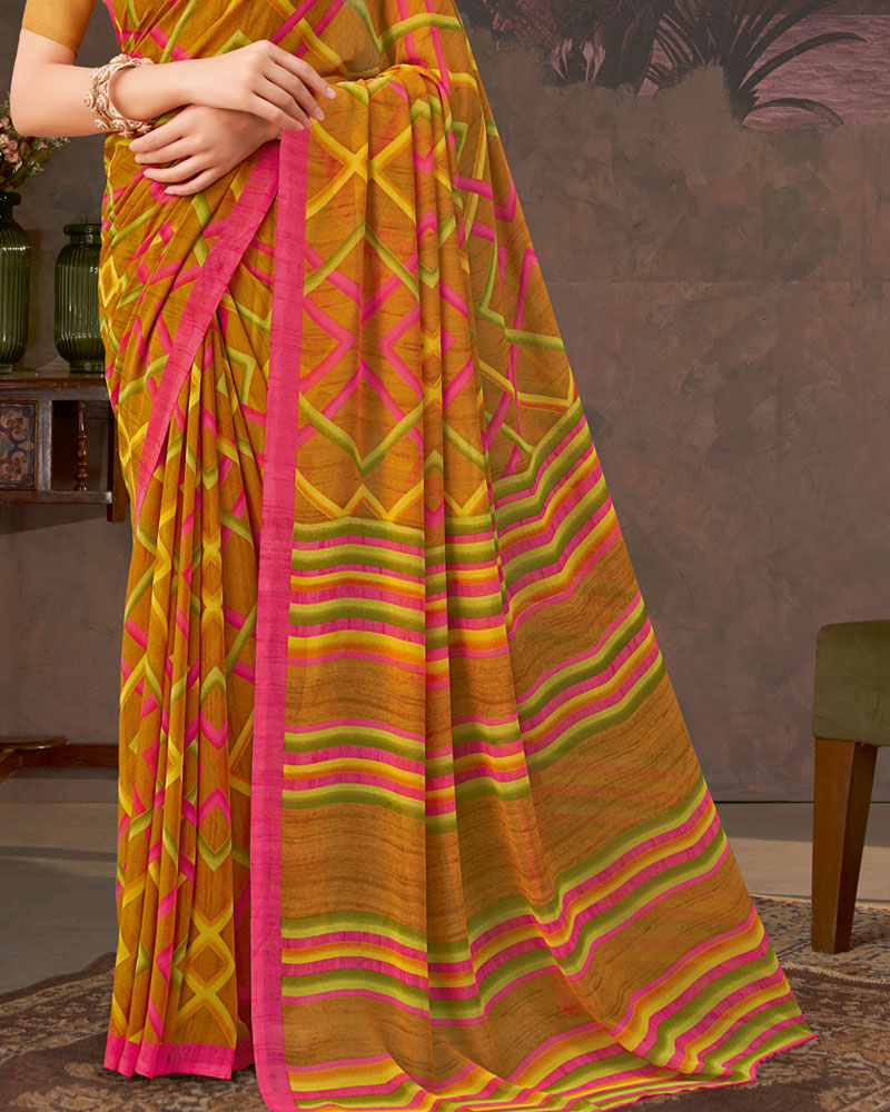 Vishal Prints Brownish Orange And Mandy Pink Printed Georgette Saree