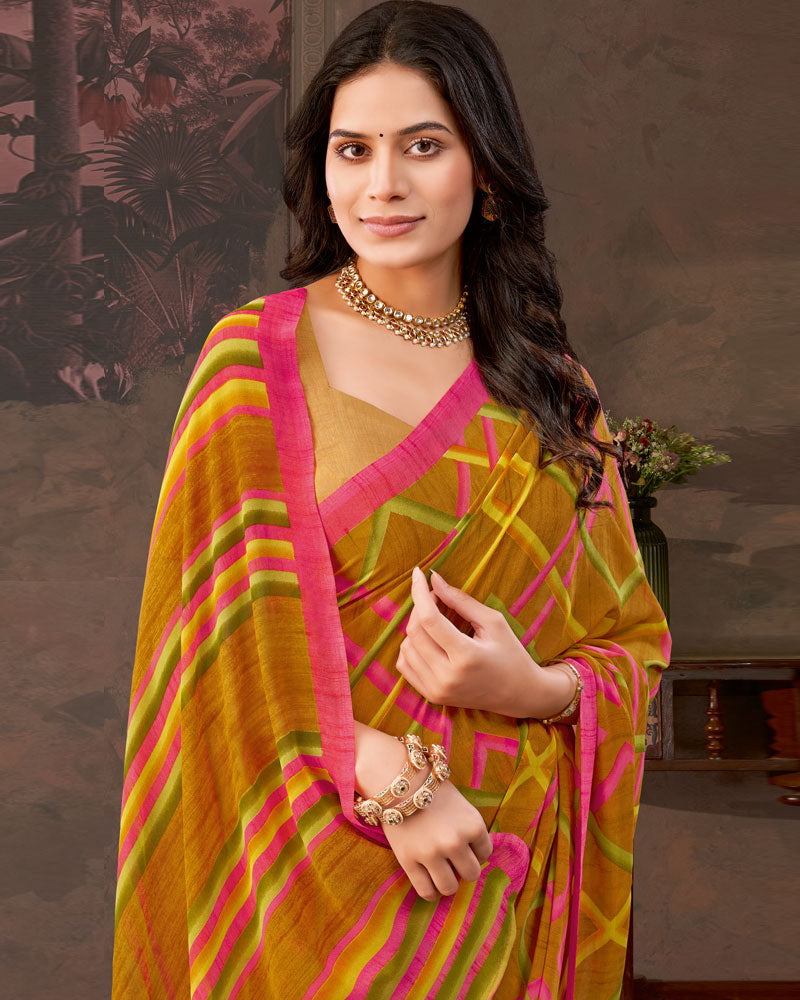 Vishal Prints Brownish Orange And Mandy Pink Printed Georgette Saree