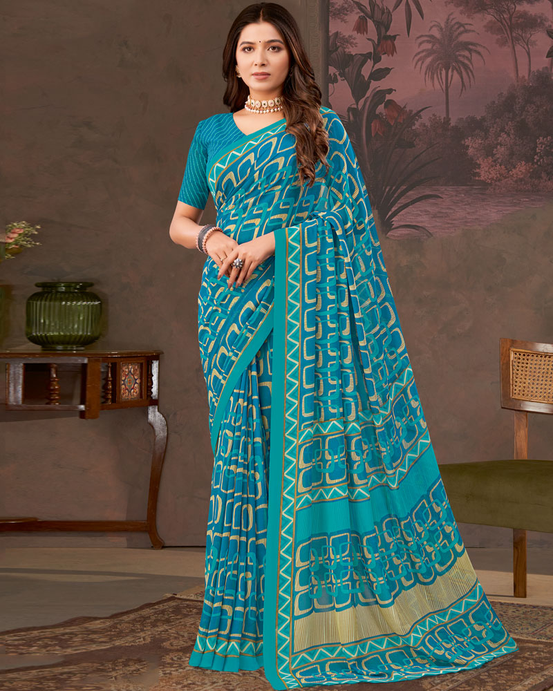 Vishal Prints Ocean Blue And Persian Green Printed Georgette Saree