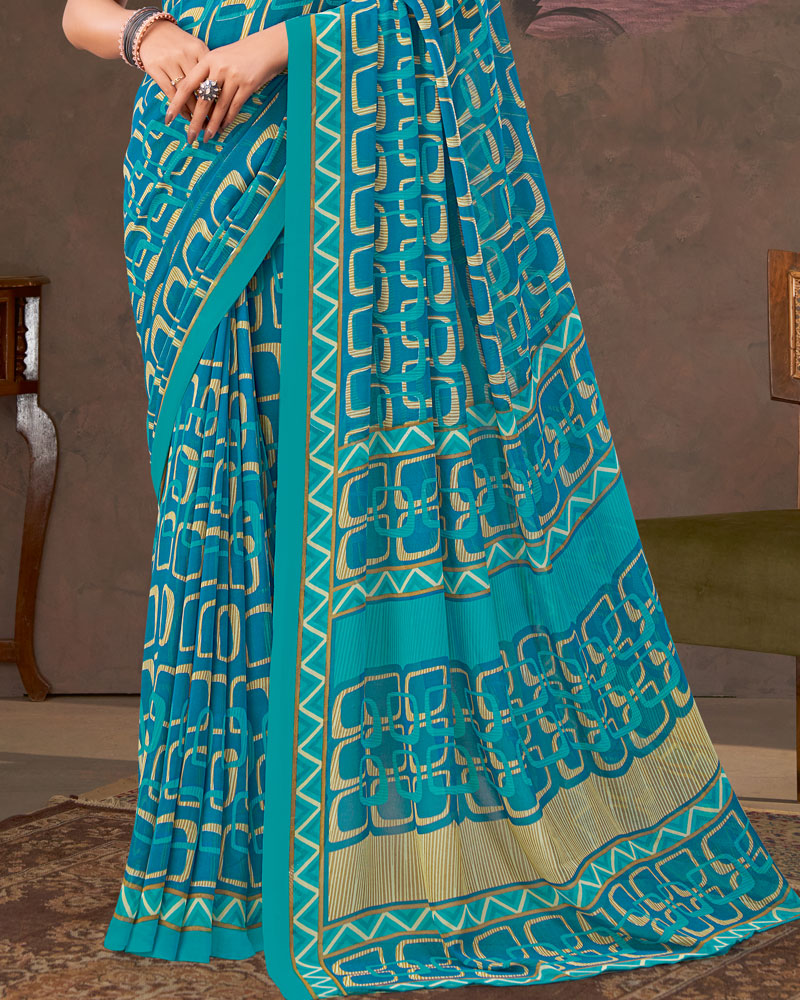 Vishal Prints Ocean Blue And Persian Green Printed Georgette Saree