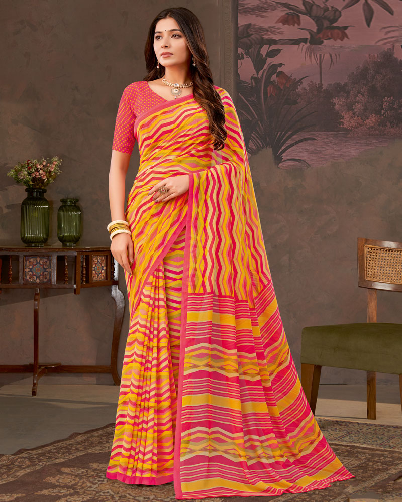 Vishal Prints Orange Yellow And Amaranth Pink Printed Georgette Saree
