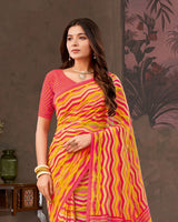 Vishal Prints Orange Yellow And Amaranth Pink Printed Georgette Saree