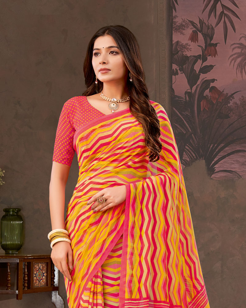 Vishal Prints Orange Yellow And Amaranth Pink Printed Georgette Saree