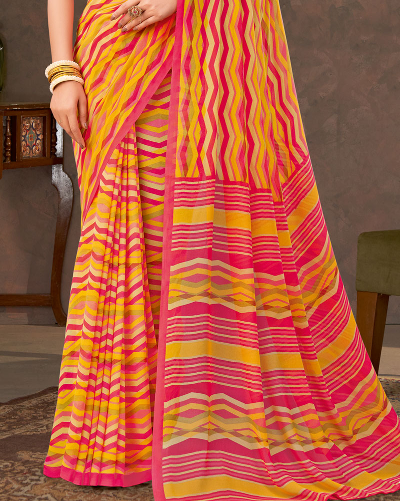 Vishal Prints Orange Yellow And Amaranth Pink Printed Georgette Saree