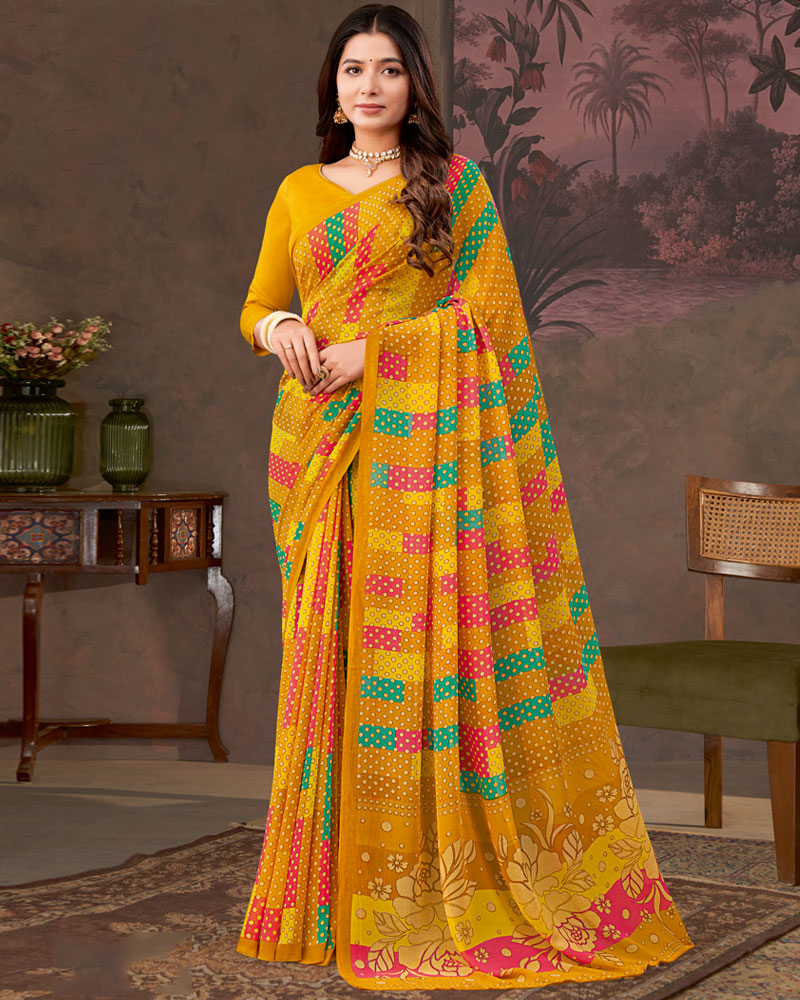 Vishal Prints Dark Orange And Burnt Yellow Printed Georgette Saree