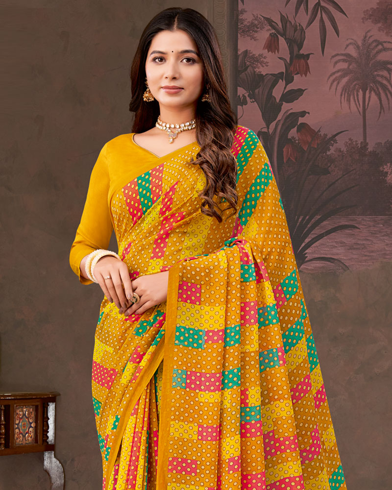 Vishal Prints Dark Orange And Burnt Yellow Printed Georgette Saree