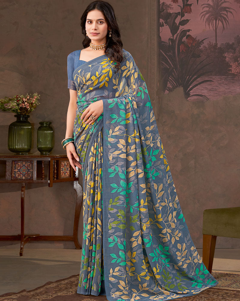 Vishal Prints Shuttle Grey Printed Georgette Saree