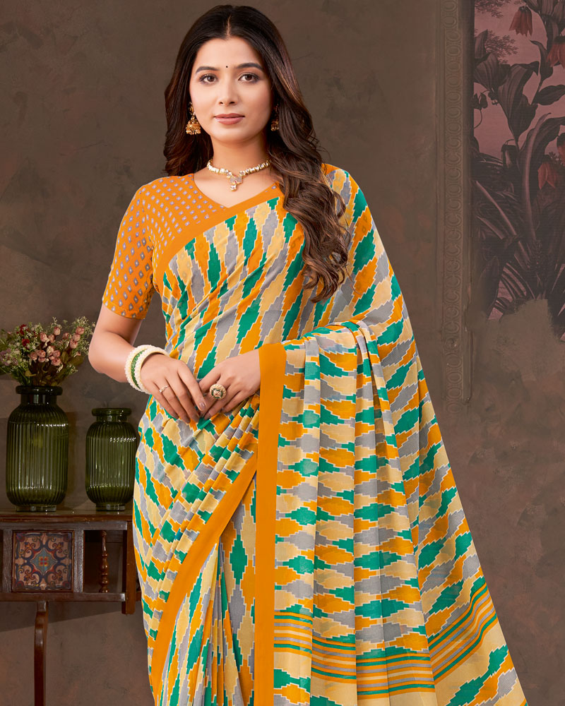 Vishal Prints Dark Orange And Light Sand Printed Georgette Saree