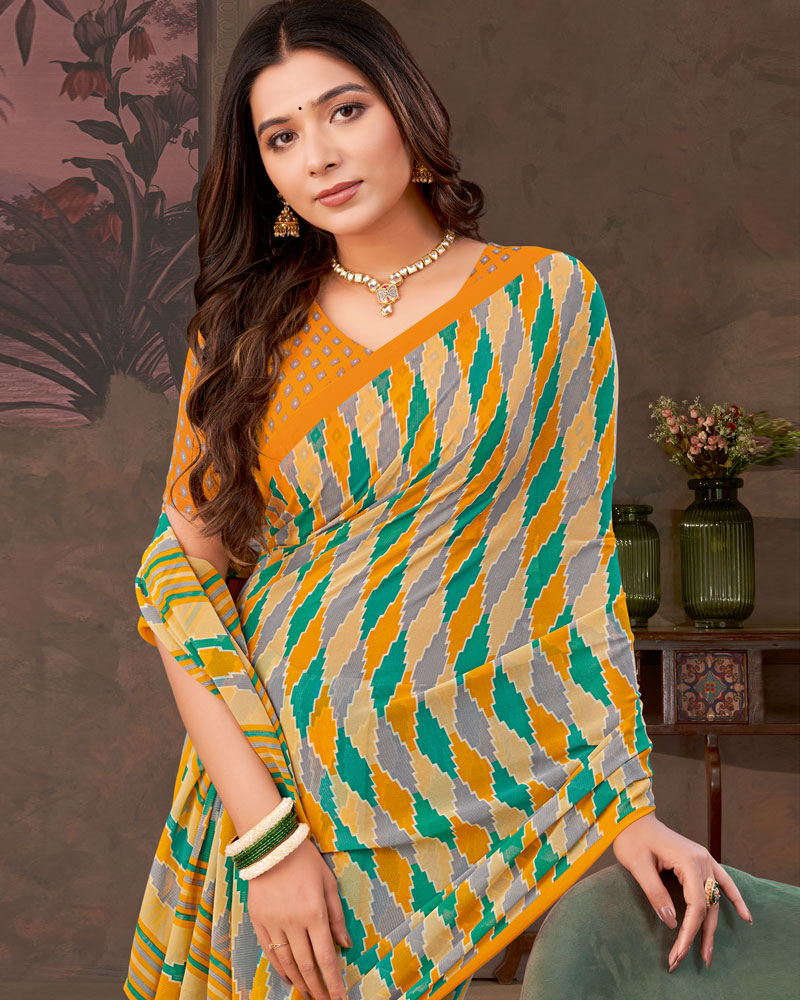 Vishal Prints Dark Orange And Light Sand Printed Georgette Saree