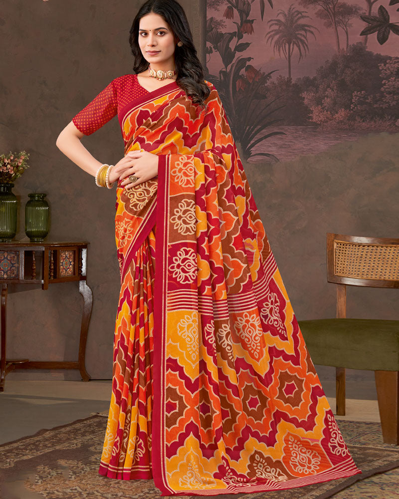 Vishal Prints Paprika Red And Carrot Orange Printed Georgette Saree