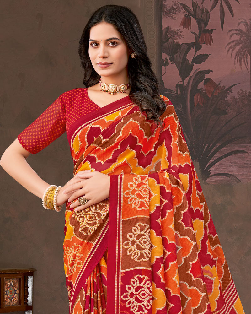 Vishal Prints Paprika Red And Carrot Orange Printed Georgette Saree