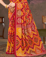 Vishal Prints Paprika Red And Carrot Orange Printed Georgette Saree