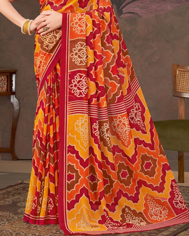 Vishal Prints Paprika Red And Carrot Orange Printed Georgette Saree
