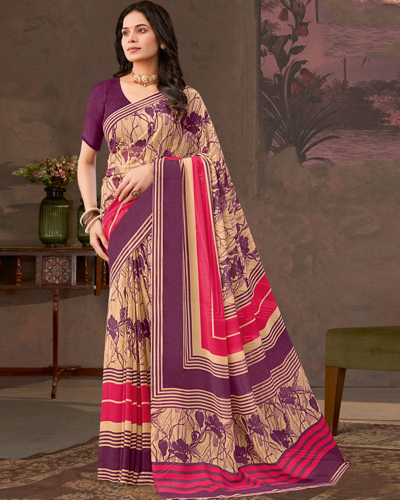 Vishal Prints Wine Berry And Tan Printed Georgette Saree