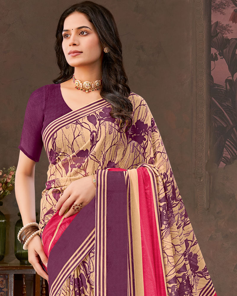 Vishal Prints Wine Berry And Tan Printed Georgette Saree