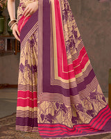 Vishal Prints Wine Berry And Tan Printed Georgette Saree