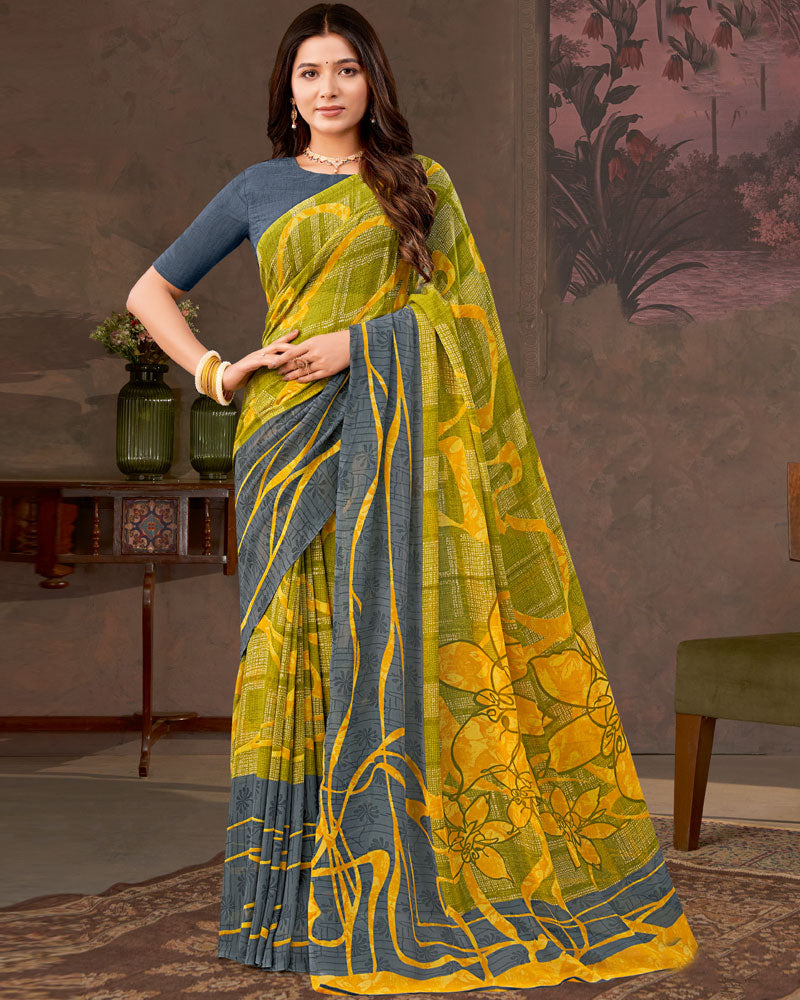 Vishal Prints Brownish Green And Yellow Printed Georgette Saree