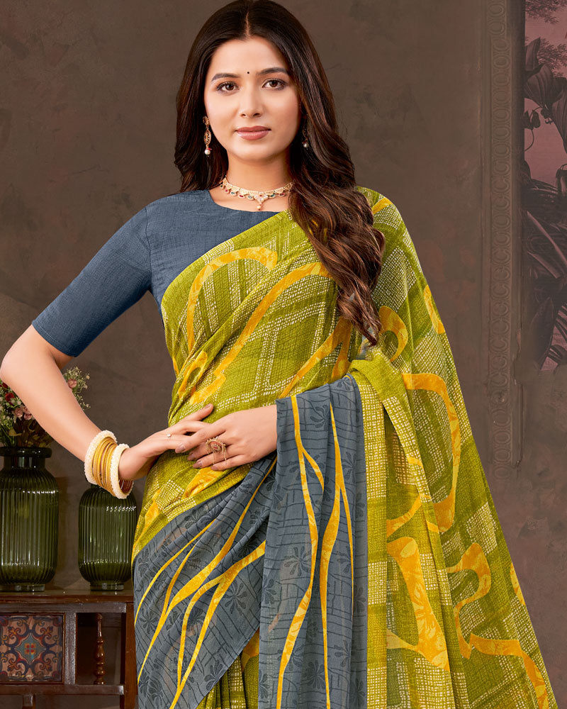 Vishal Prints Brownish Green And Yellow Printed Georgette Saree