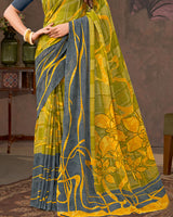 Vishal Prints Brownish Green And Yellow Printed Georgette Saree