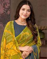 Vishal Prints Brownish Green And Yellow Printed Georgette Saree