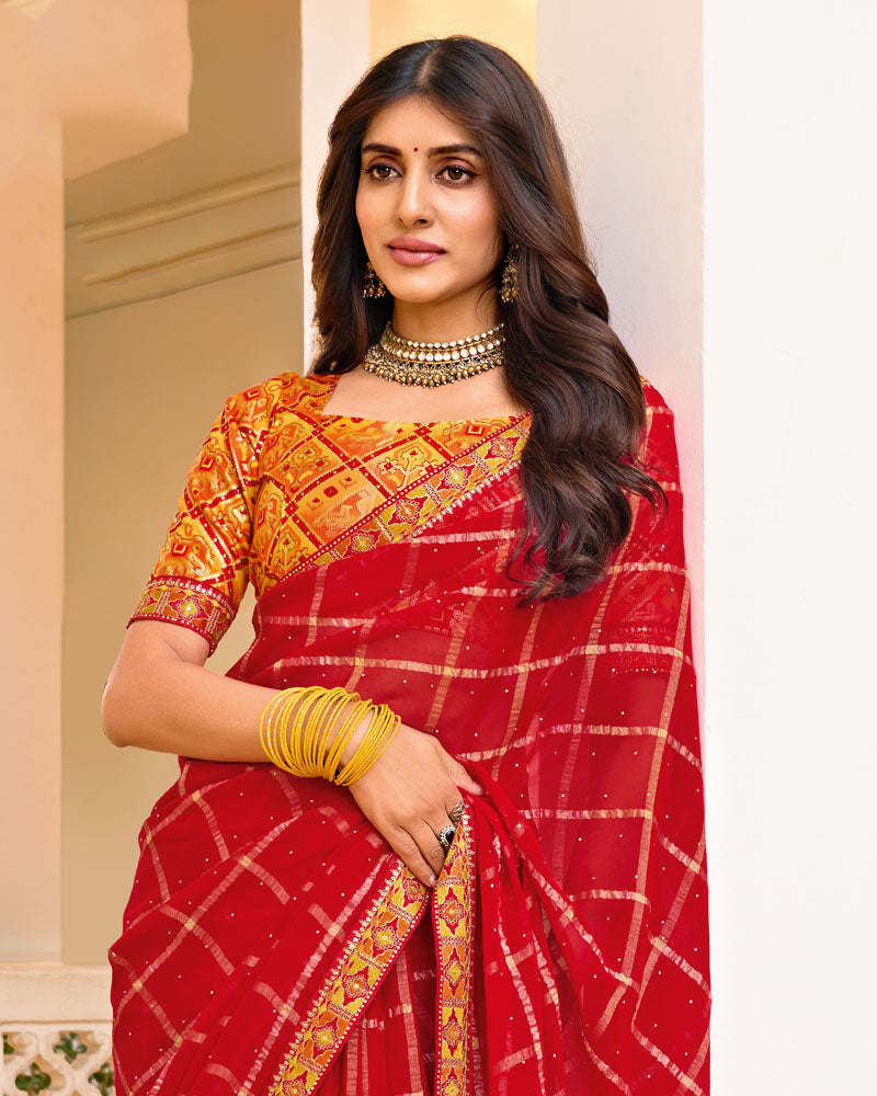 Vishal Prints Lipstick Red Designer Fancy Checks Chiffon Saree With Diamond Work And Embroidery Border