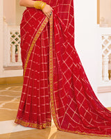 Vishal Prints Lipstick Red Designer Fancy Checks Chiffon Saree With Diamond Work And Embroidery Border